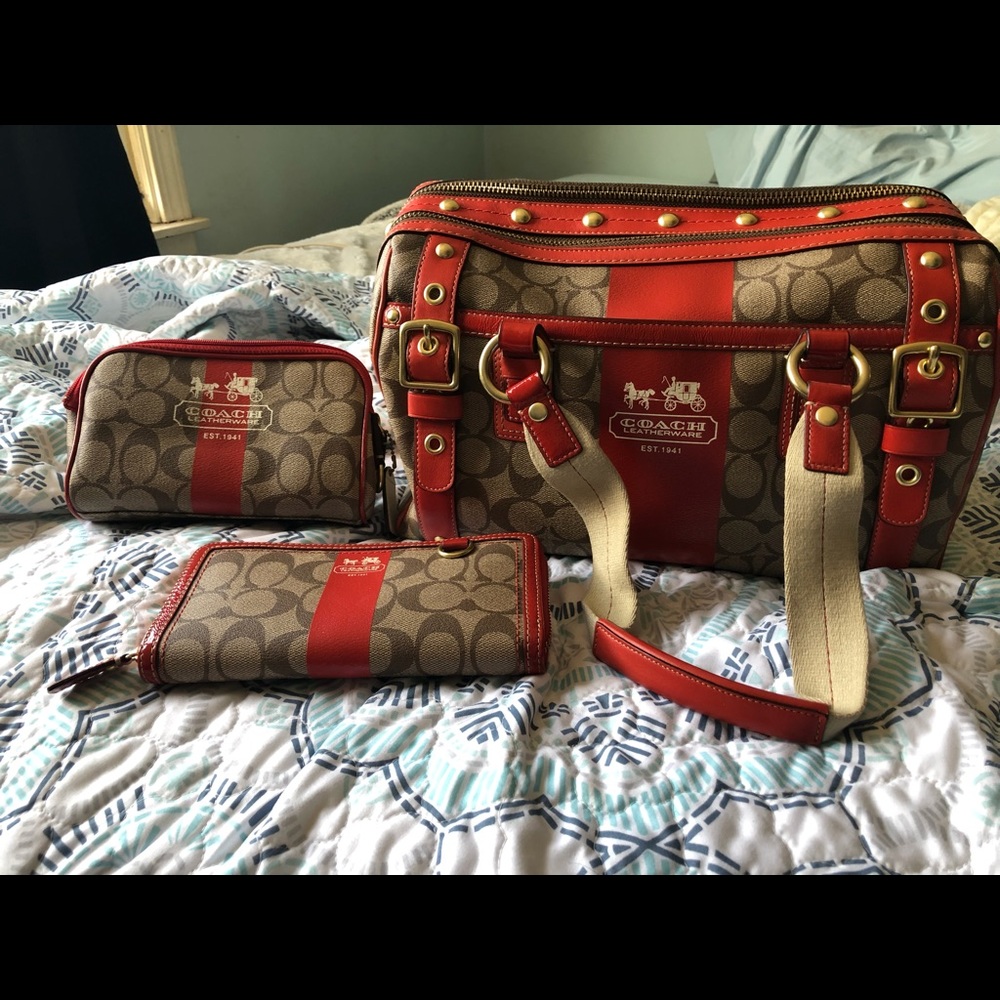 Coach Heritage Stripe XL Satchel 3-piece set